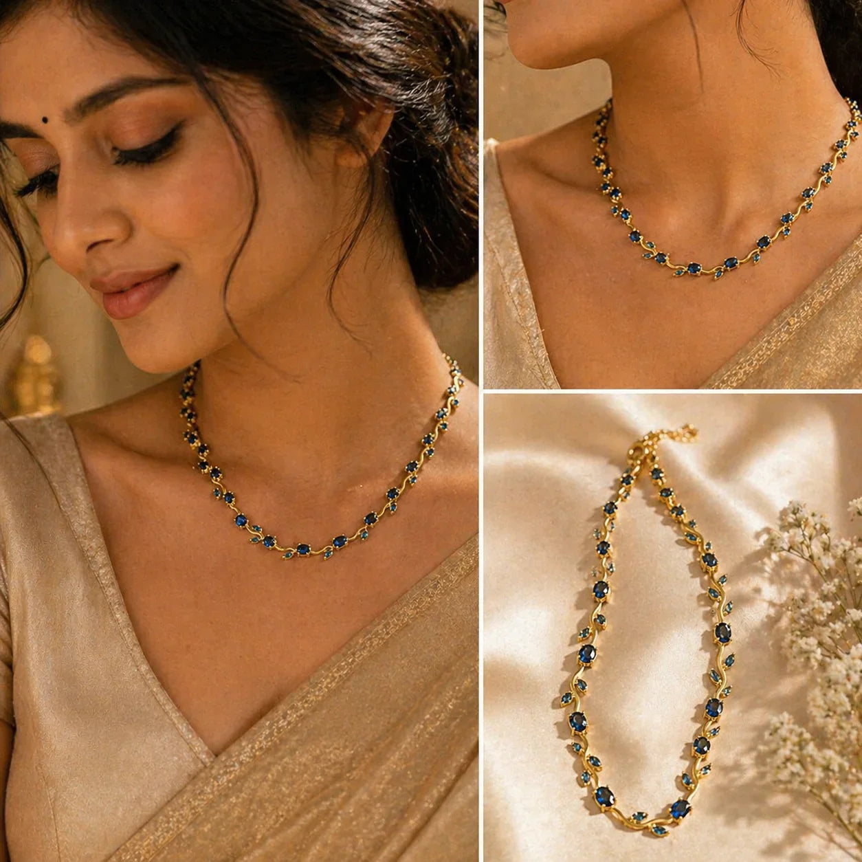 Elegant gold necklace with blue gemstones, perfect for women's everyday luxury or special occasions.
