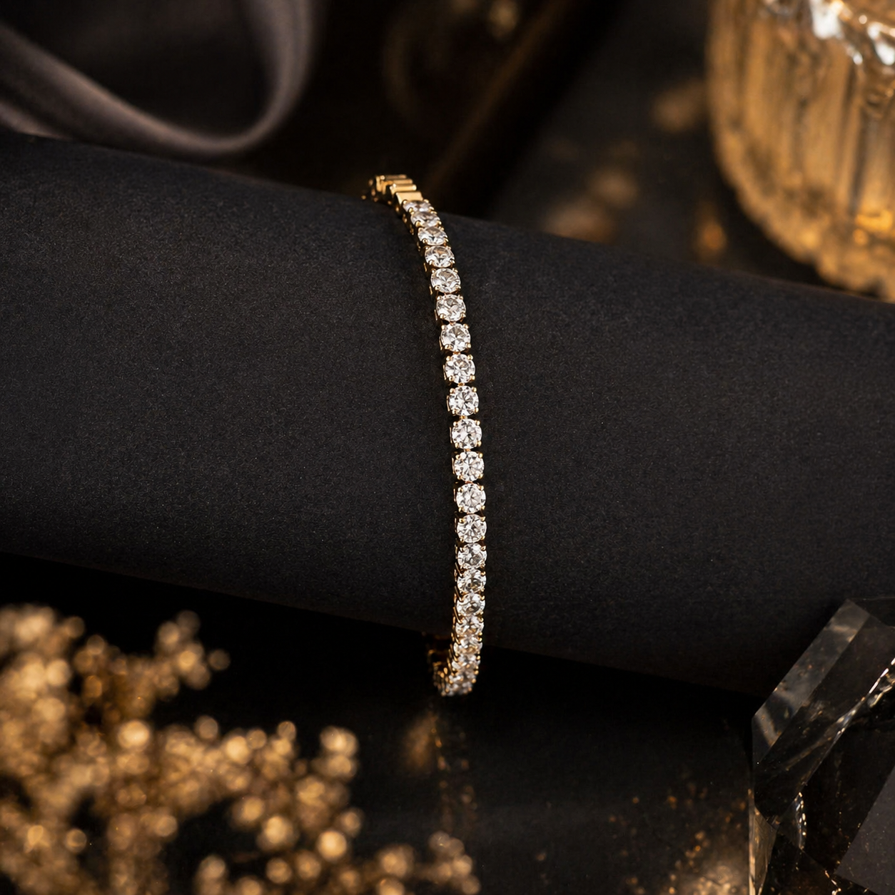 Elegant gold tennis bracelet with sparkling stones, perfect for everyday luxury jewelry for women.