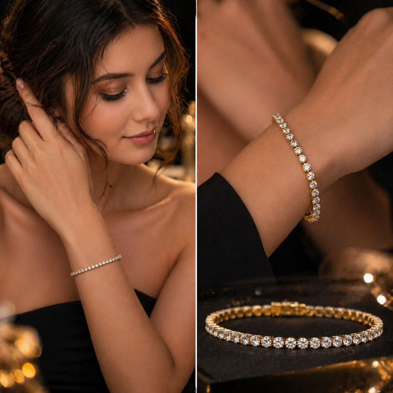 Elegant gold bracelet with sparkling stones, perfect for everyday luxury or special occasions.