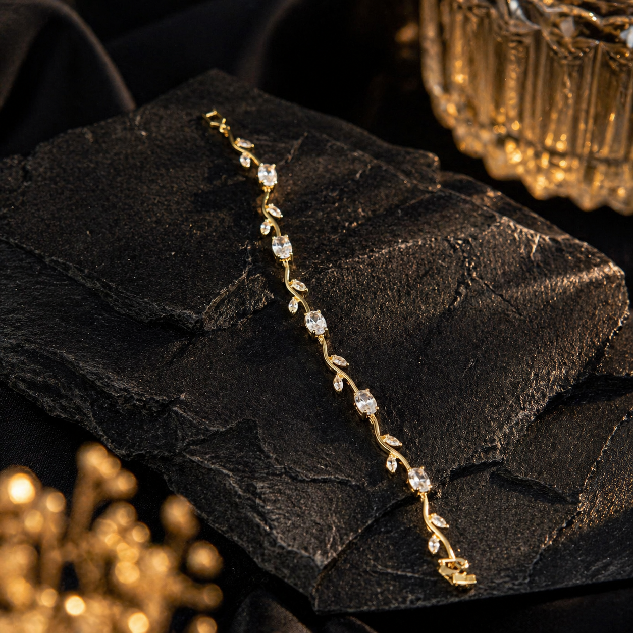 Elegant gold vine bracelet with clear crystals, anti-tarnish luxury jewelry for women
