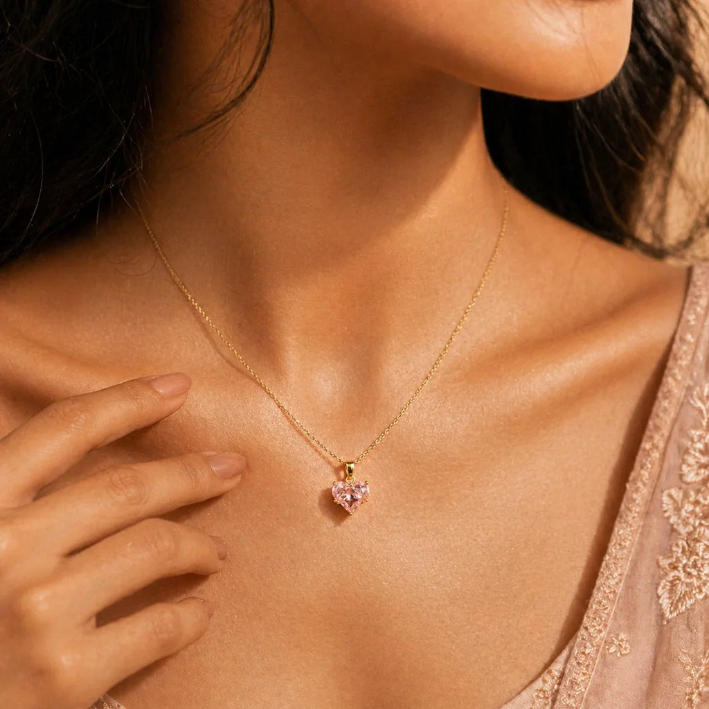 Delicate gold necklace with pink heart pendant, elegant everyday luxury jewelry for women