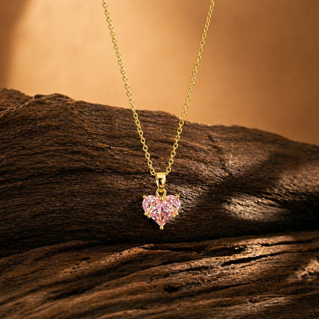 Gold heart necklace with pink gemstone, anti-tarnish jewelry for women, elegant everyday luxury style