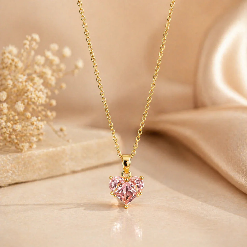 Gold heart necklace with pink gemstone, elegant anti-tarnish jewelry for women