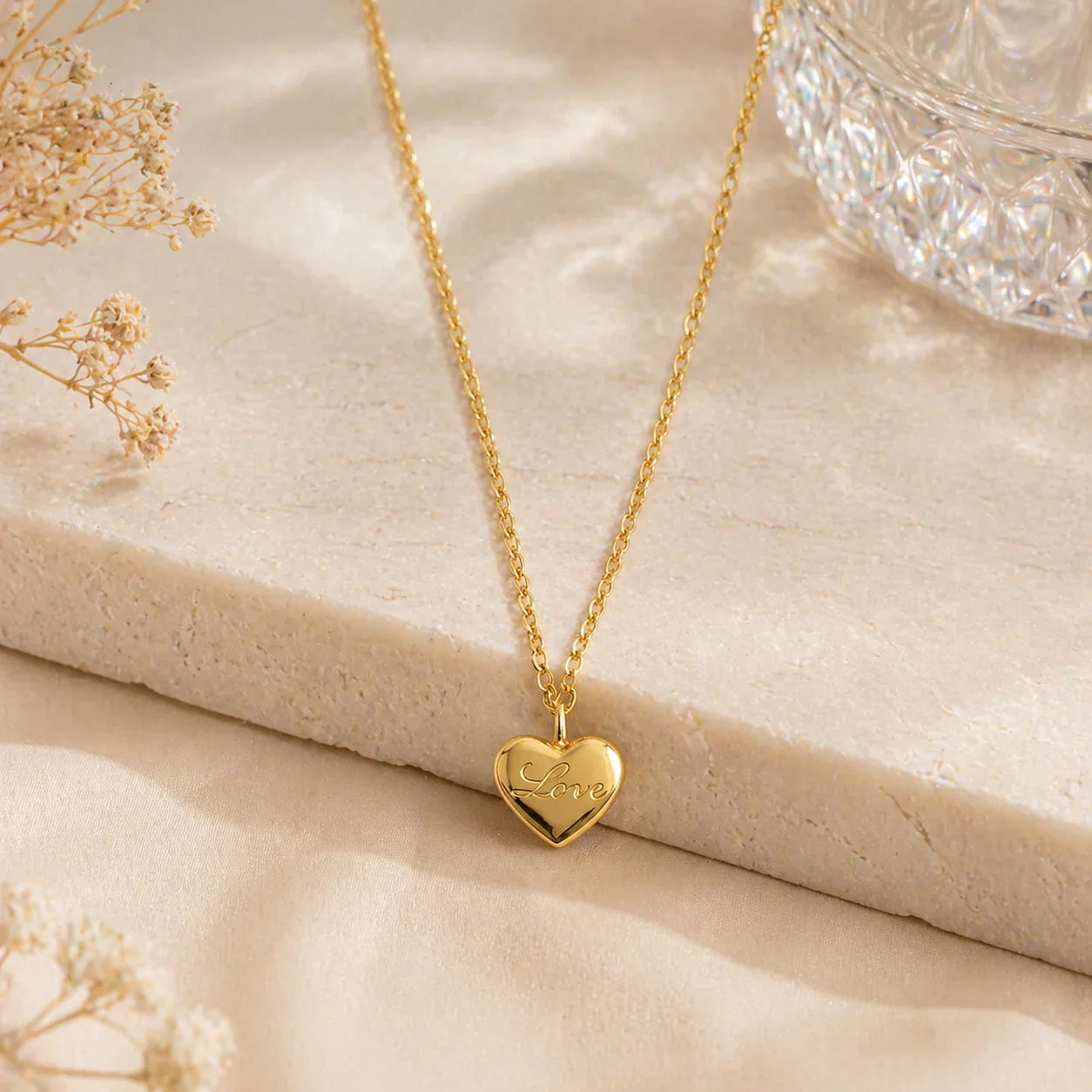 Gold heart necklace with 'Love' engraving, anti-tarnish jewelry for women, elegant everyday luxury style