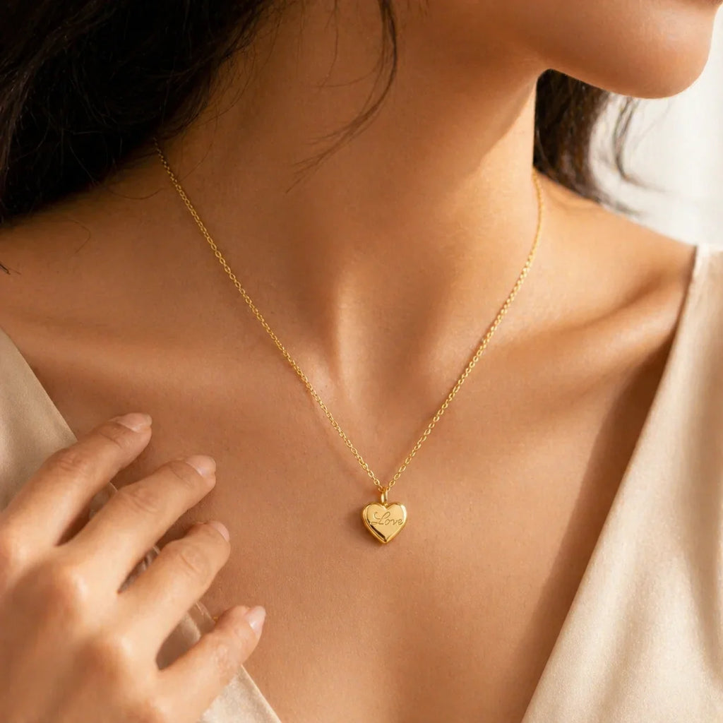 Gold heart necklace with 'Love' engraving, anti-tarnish jewelry for women, elegant everyday luxury style