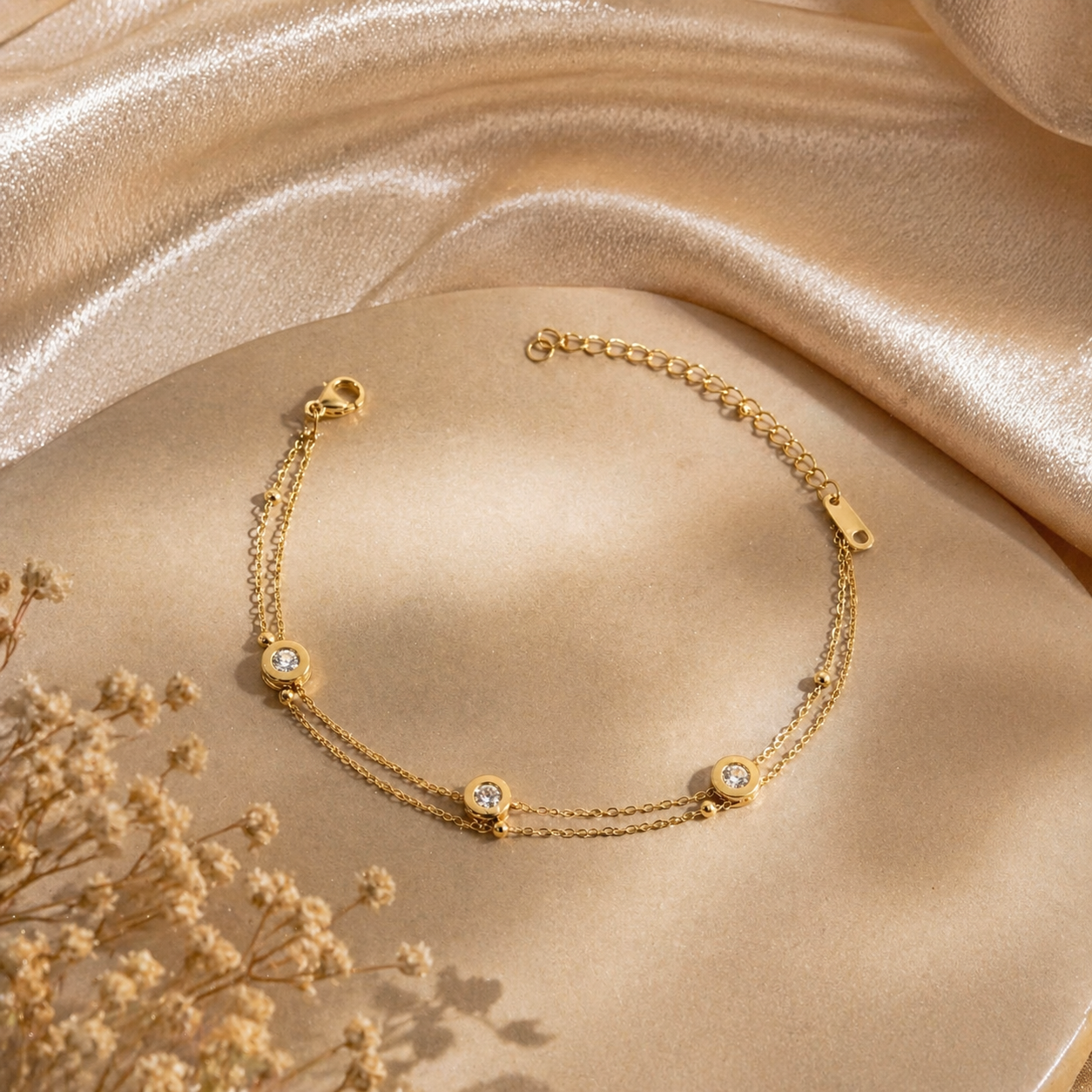 Gold double chain bracelet with crystal accents, anti-tarnish luxury jewelry for women