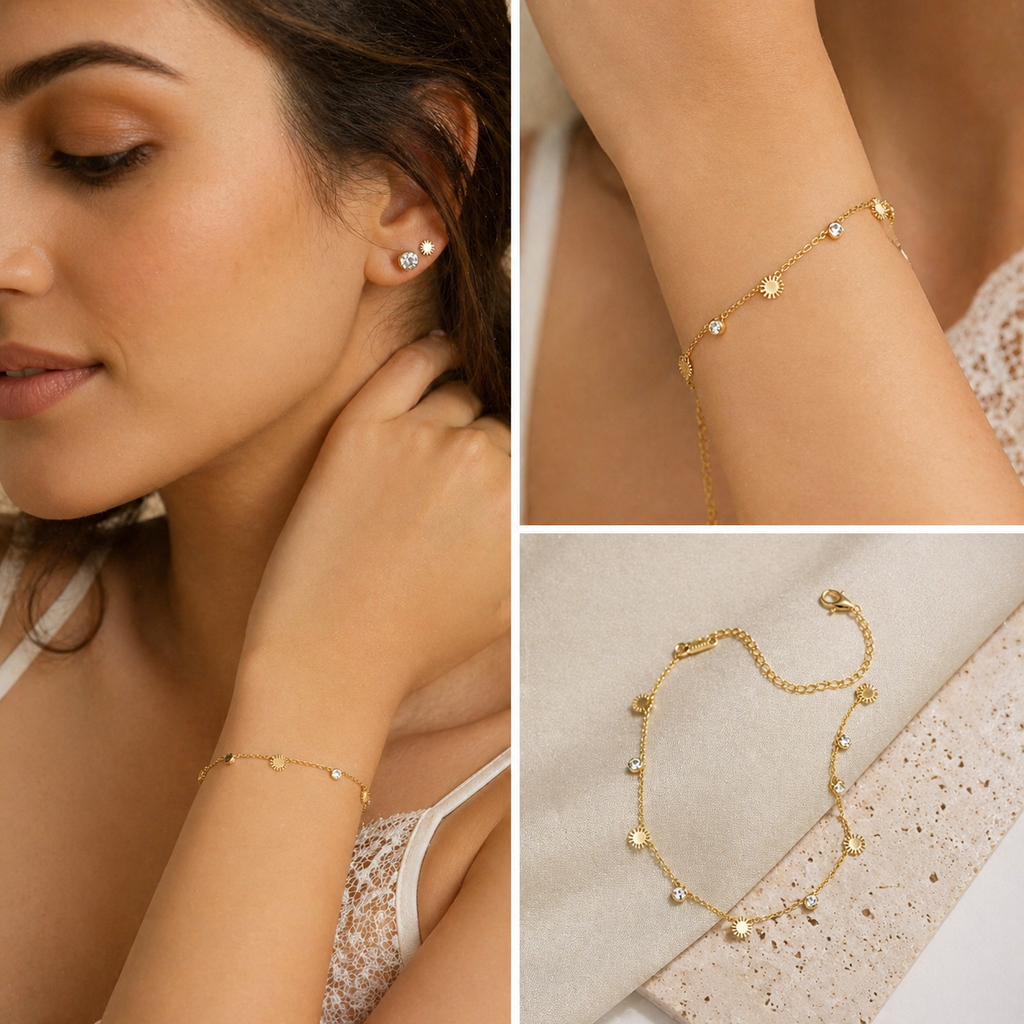 Gold sunburst stud earrings and delicate chain bracelet with crystal accents, anti-tarnish jewelry for women