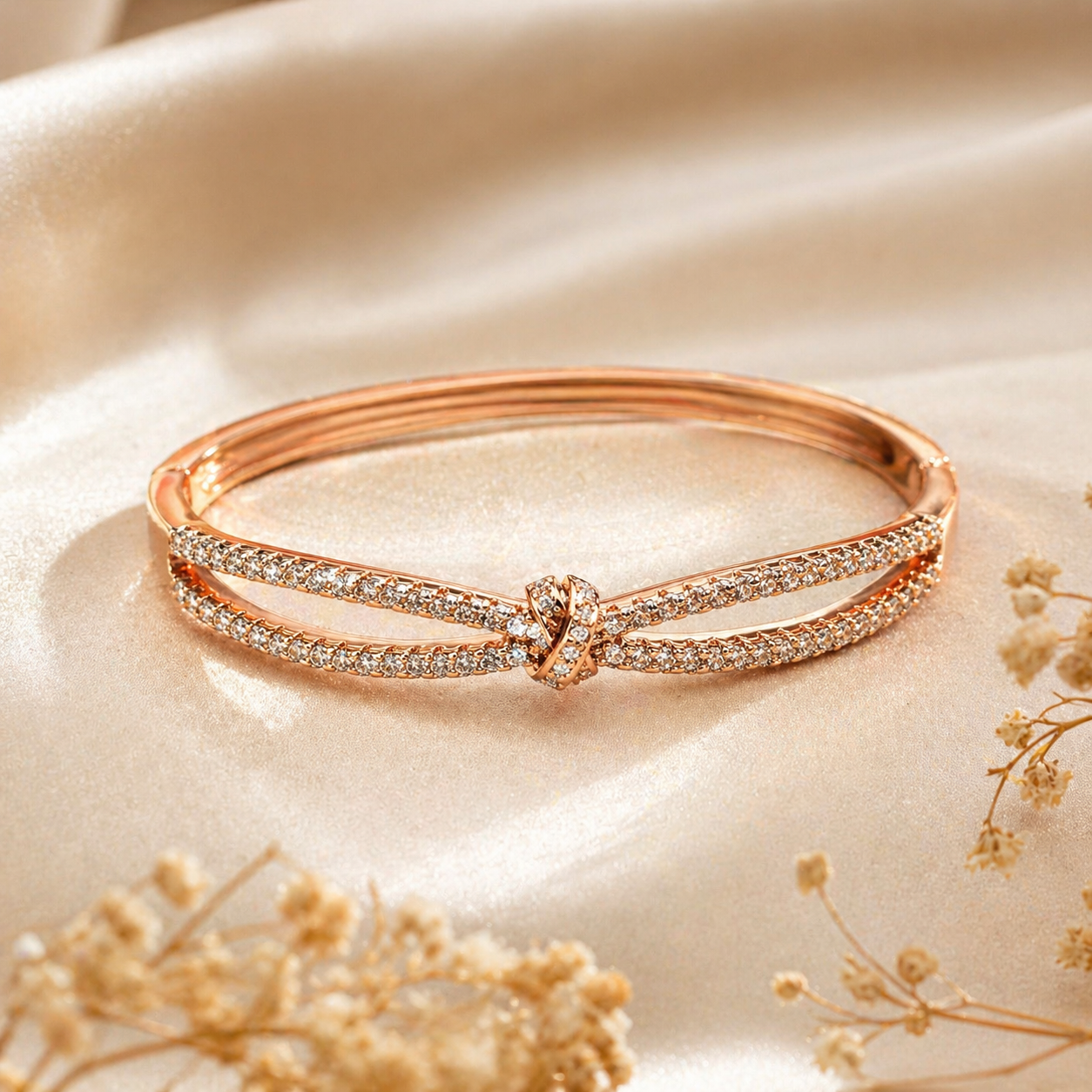 Elegant rose gold bangle with crystal pave knot design, anti-tarnish luxury jewelry for women