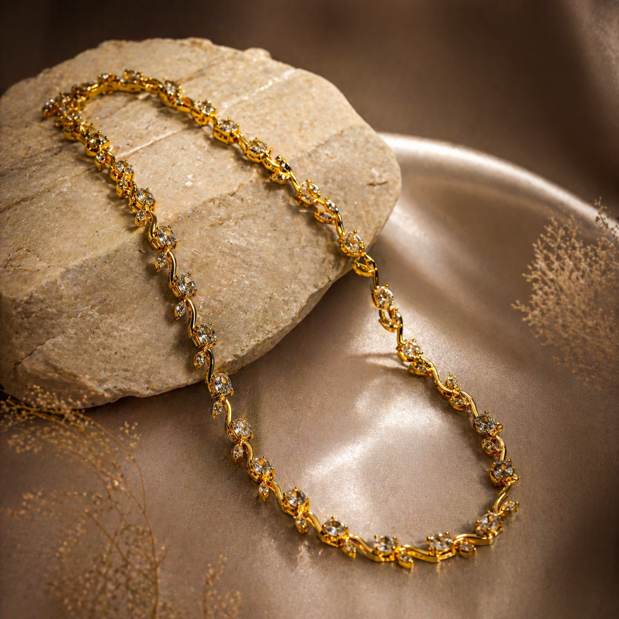 Elegant gold necklace with sparkling stones, displayed on stone and satin for luxury women's jewelry