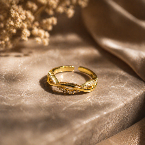 Elegant gold twist ring with pave crystals, anti-tarnish luxury jewelry for women