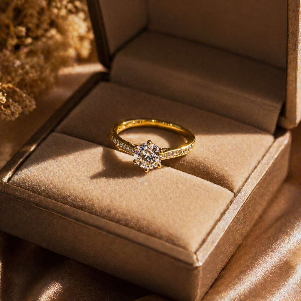 Elegant gold solitaire ring with diamond accents in velvet box, anti-tarnish luxury jewelry for women