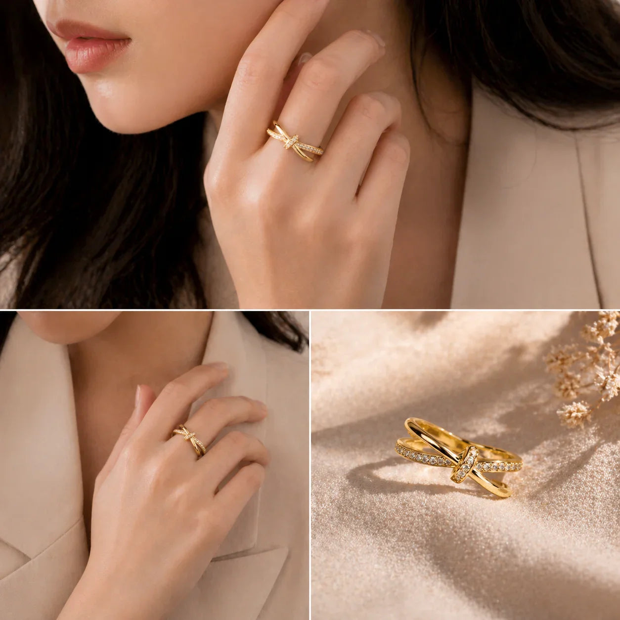Elegant gold knot ring with diamonds, worn by woman, anti-tarnish luxury jewelry for everyday wear