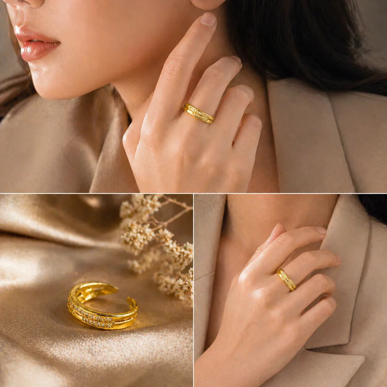 Elegant gold ring with diamond accents, worn by woman, anti-tarnish luxury jewelry for everyday wear