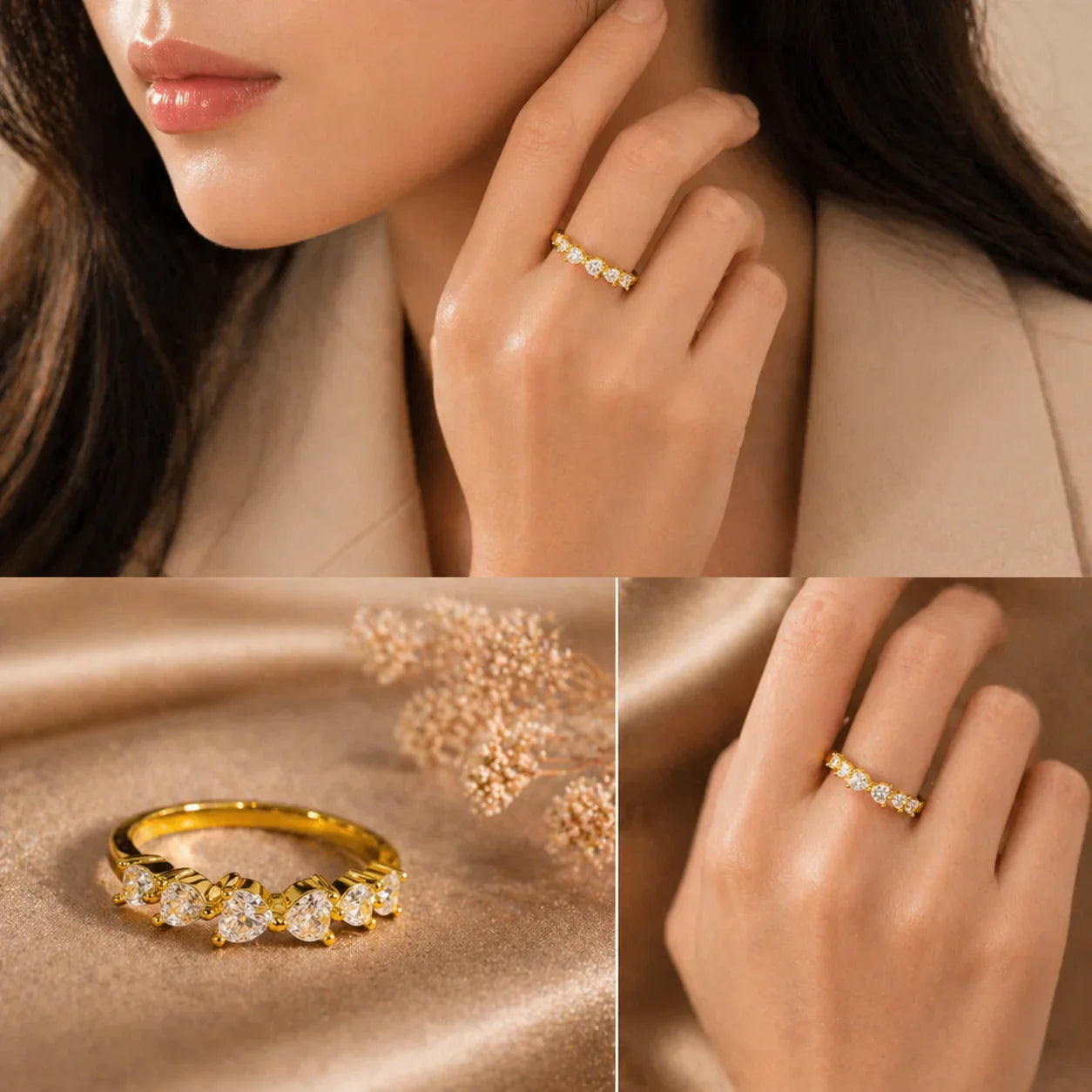 Gold ring with five clear stones, elegant everyday luxury jewelry for women