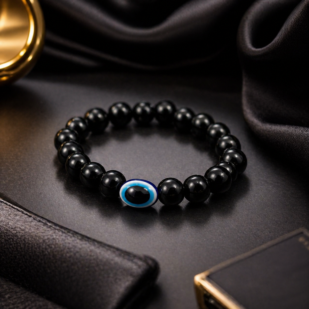 Black beaded bracelet with evil eye charm, elegant anti-tarnish jewelry for women