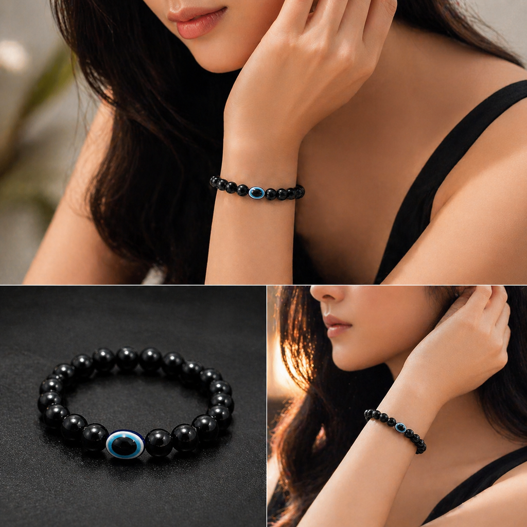 Black beaded bracelet with blue evil eye charm, elegant women's anti-tarnish jewelry for everyday wear