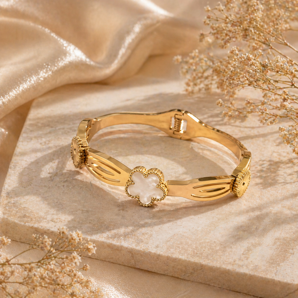 Gold bangle with white clover charm, anti-tarnish jewelry for women, elegant everyday luxury style