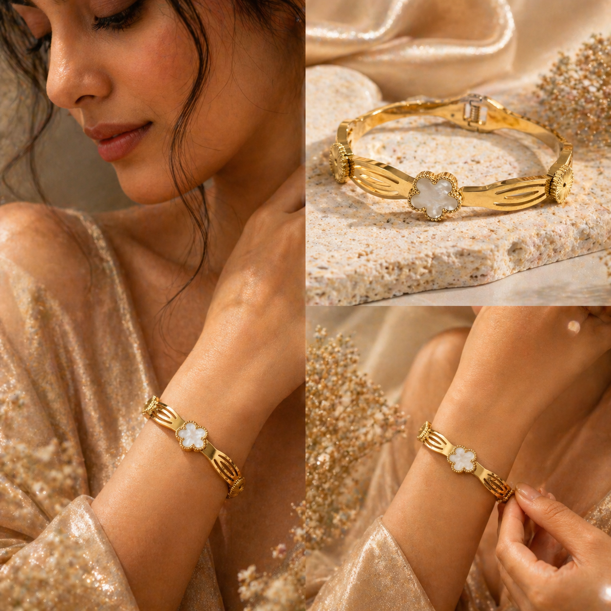 Gold flower bracelet with white stone, anti-tarnish luxury jewelry for women, elegant everyday style