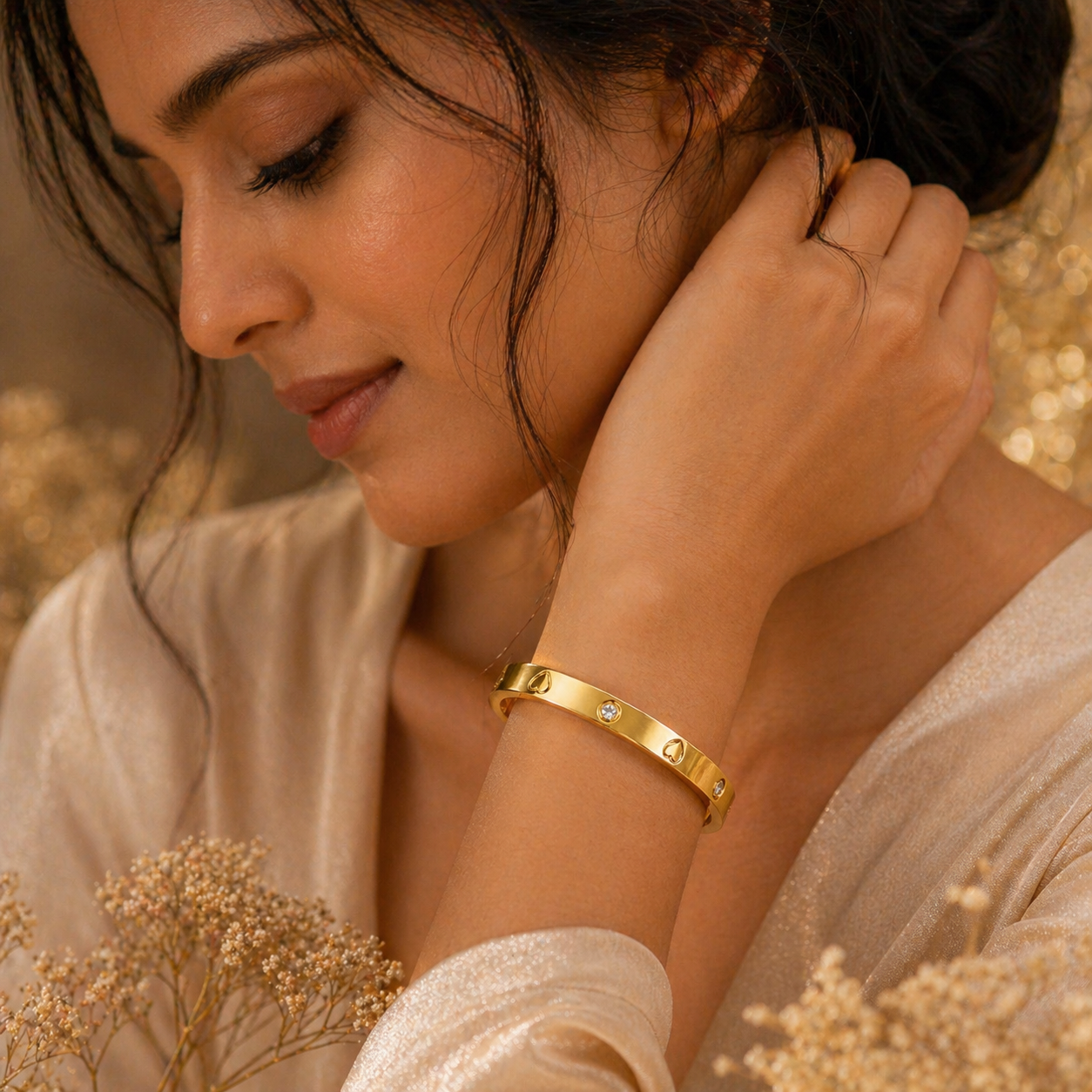 Gold heart & diamond bangle bracelet for women, elegant everyday luxury jewelry