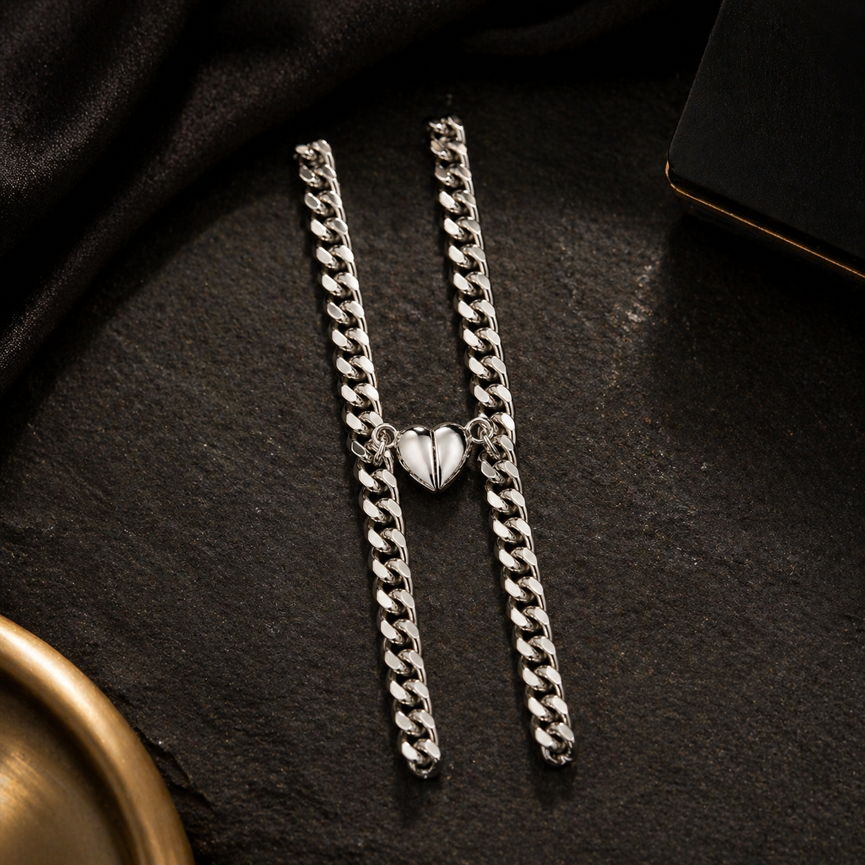 Silver heart pendant necklace with chunky chain, anti-tarnish jewelry for women