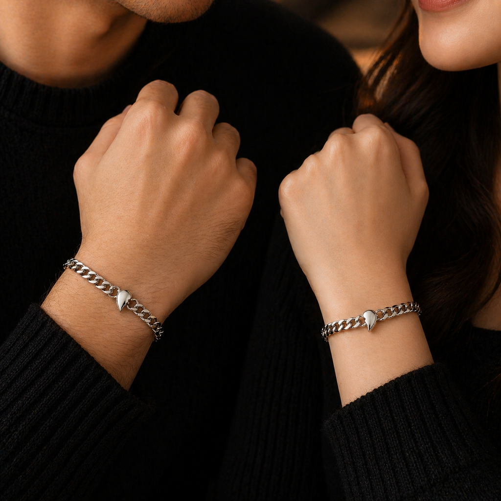 Matching silver heart charm bracelets for couples, anti-tarnish chain design, everyday luxury jewelry