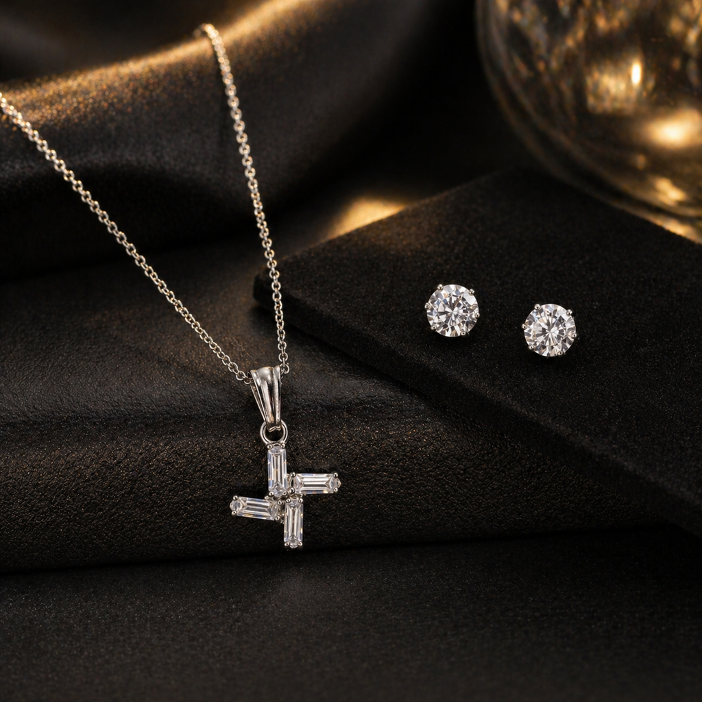 Elegant cross pendant necklace and stud earrings set, anti-tarnish silver jewelry for women