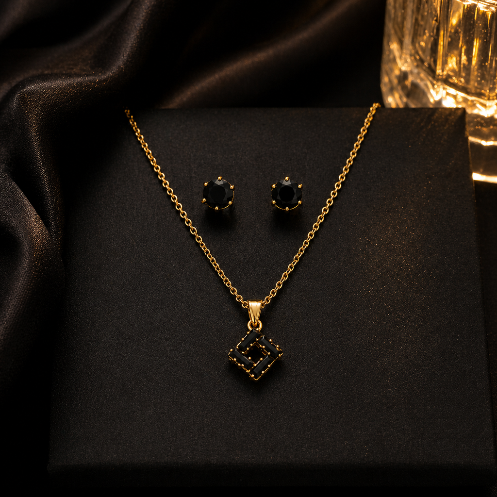 Elegant gold necklace and stud earrings with black gemstones, anti-tarnish luxury jewelry set for women