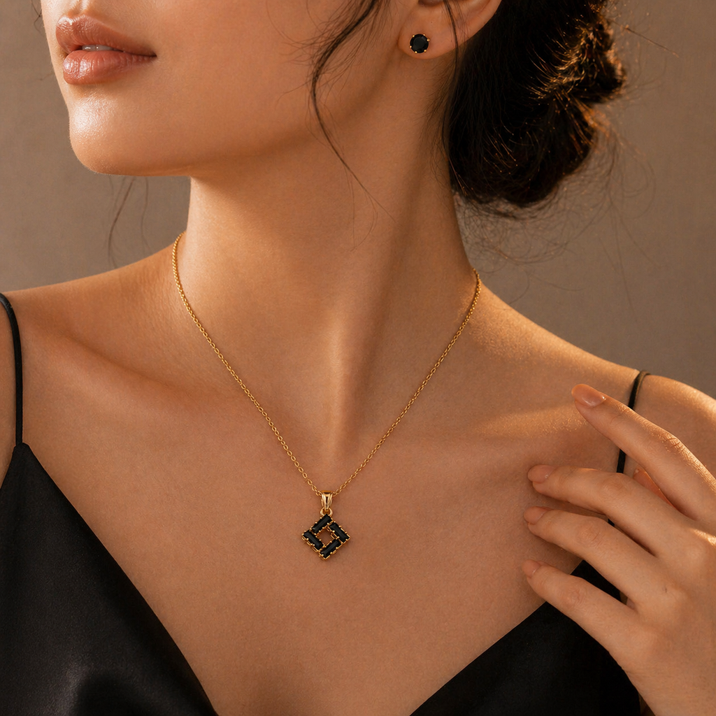 Elegant gold necklace with black square pendant and matching stud earrings, anti-tarnish luxury jewelry for women