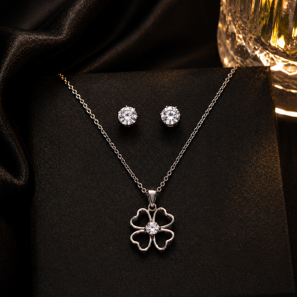 Elegant clover pendant necklace & stud earrings set, anti-tarnish jewelry for women, luxury everyday style
