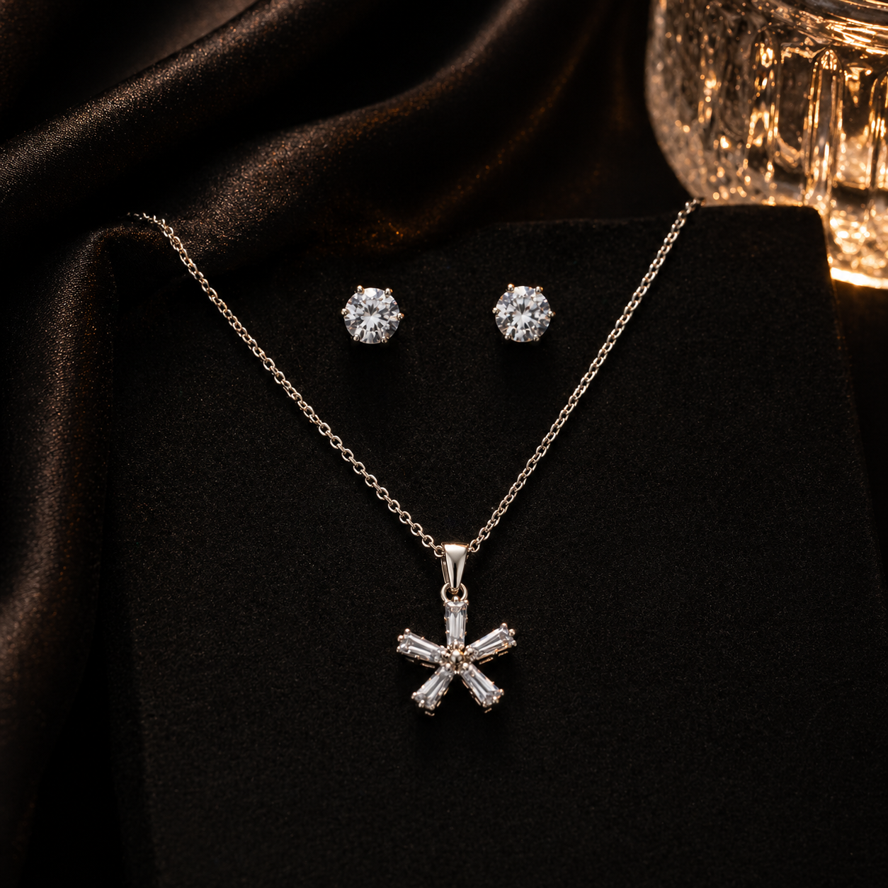 Elegant snowflake pendant necklace and stud earrings set, anti-tarnish luxury jewelry for women