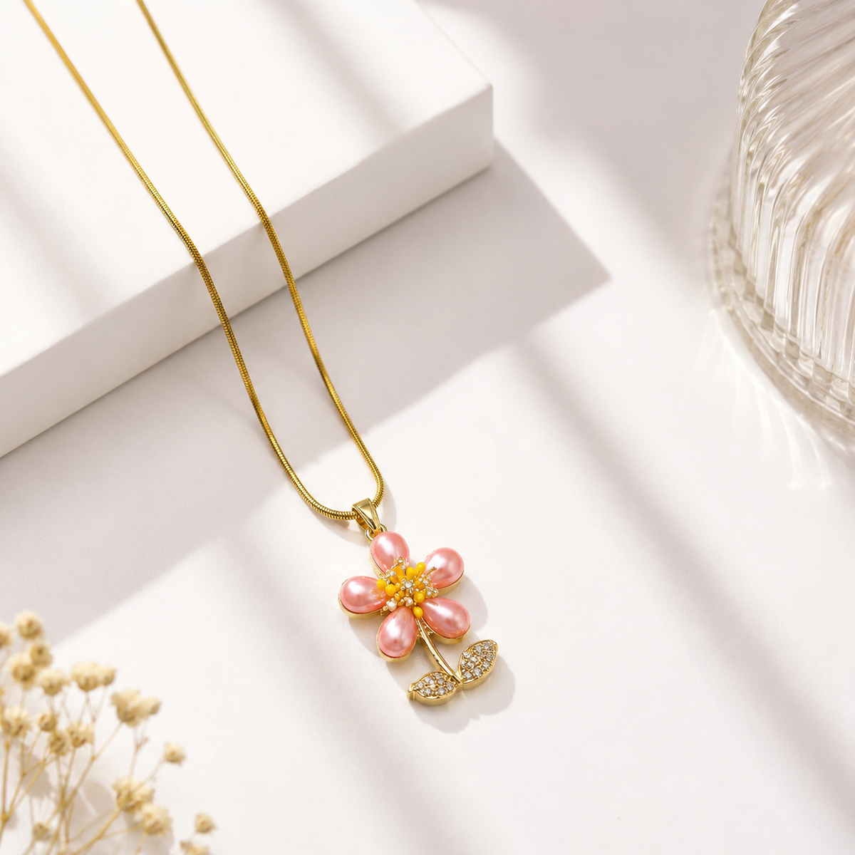Pink Floral Gold Plated Pendant Necklace for Women | Anti-Tarnish Premium Jewellery