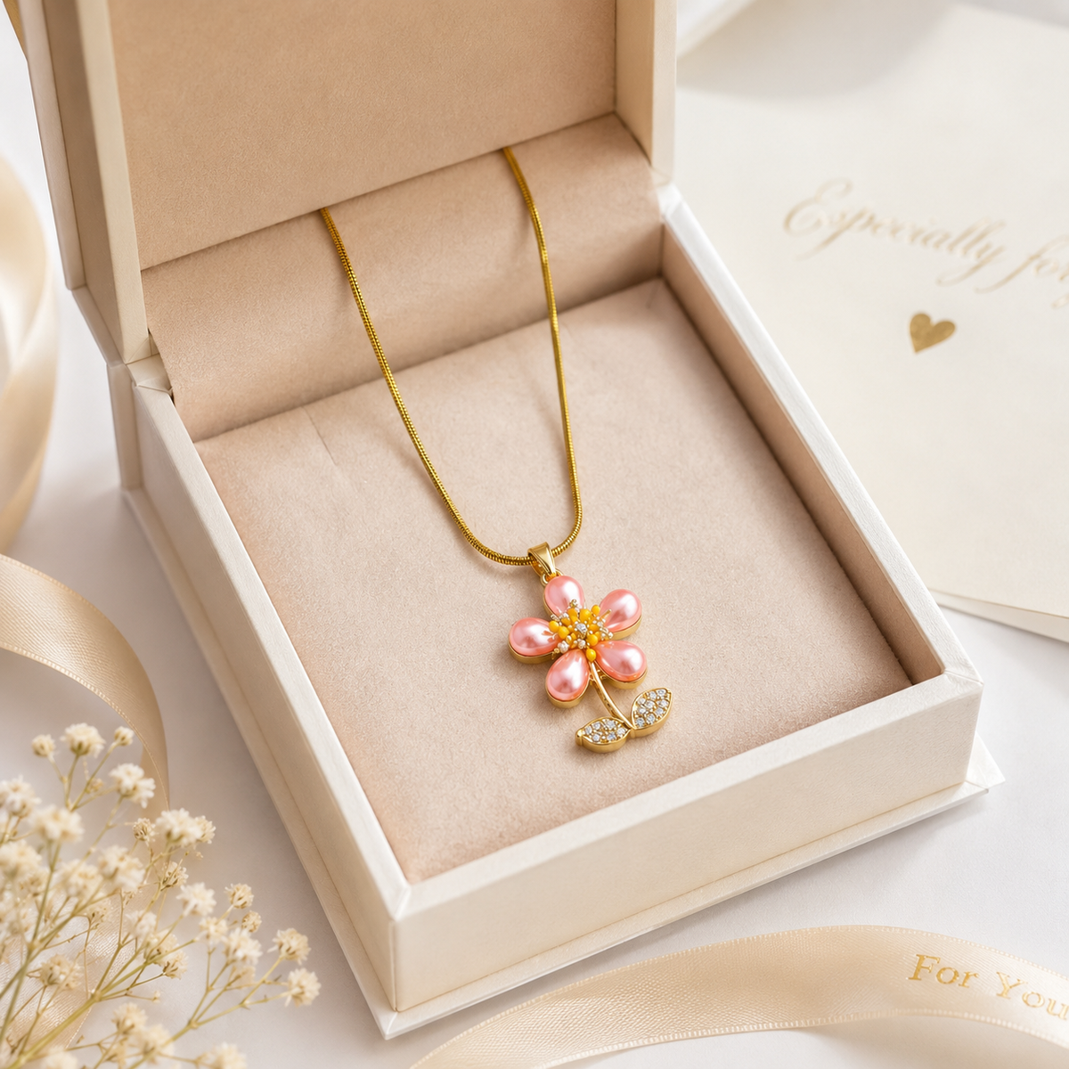 Pink Floral Gold Plated Pendant Necklace for Women | Anti-Tarnish Premium Jewellery
