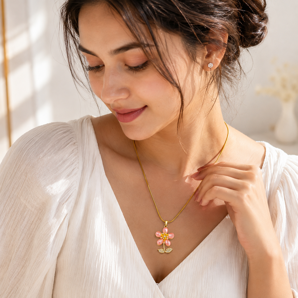 Pink Floral Gold Plated Pendant Necklace for Women | Anti-Tarnish Premium Jewellery