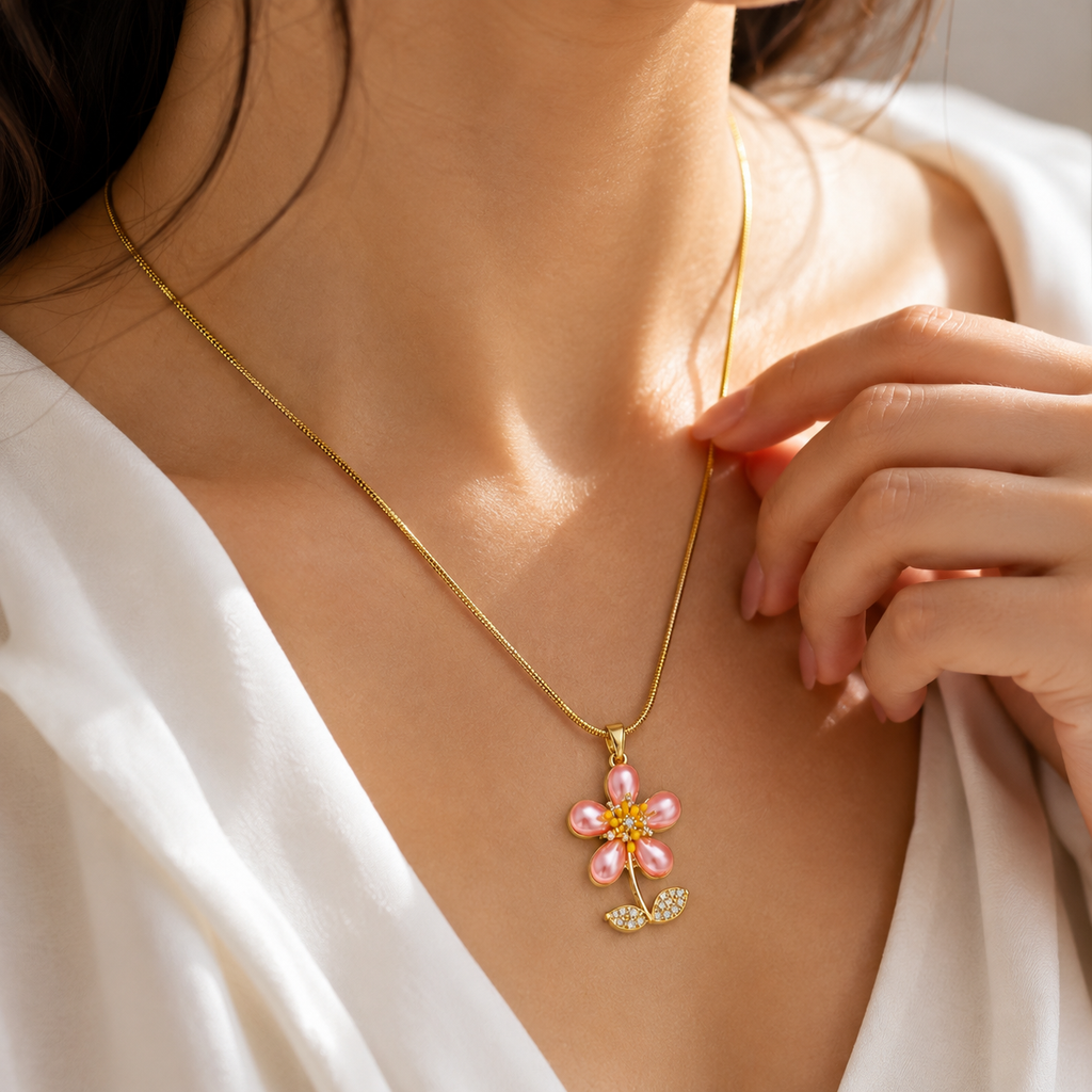 Pink Floral Gold Plated Pendant Necklace for Women | Anti-Tarnish Premium Jewellery