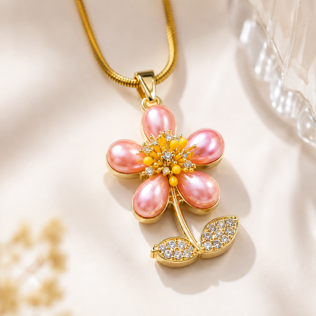 Pink Floral Gold Plated Pendant Necklace for Women | Anti-Tarnish Premium Jewellery