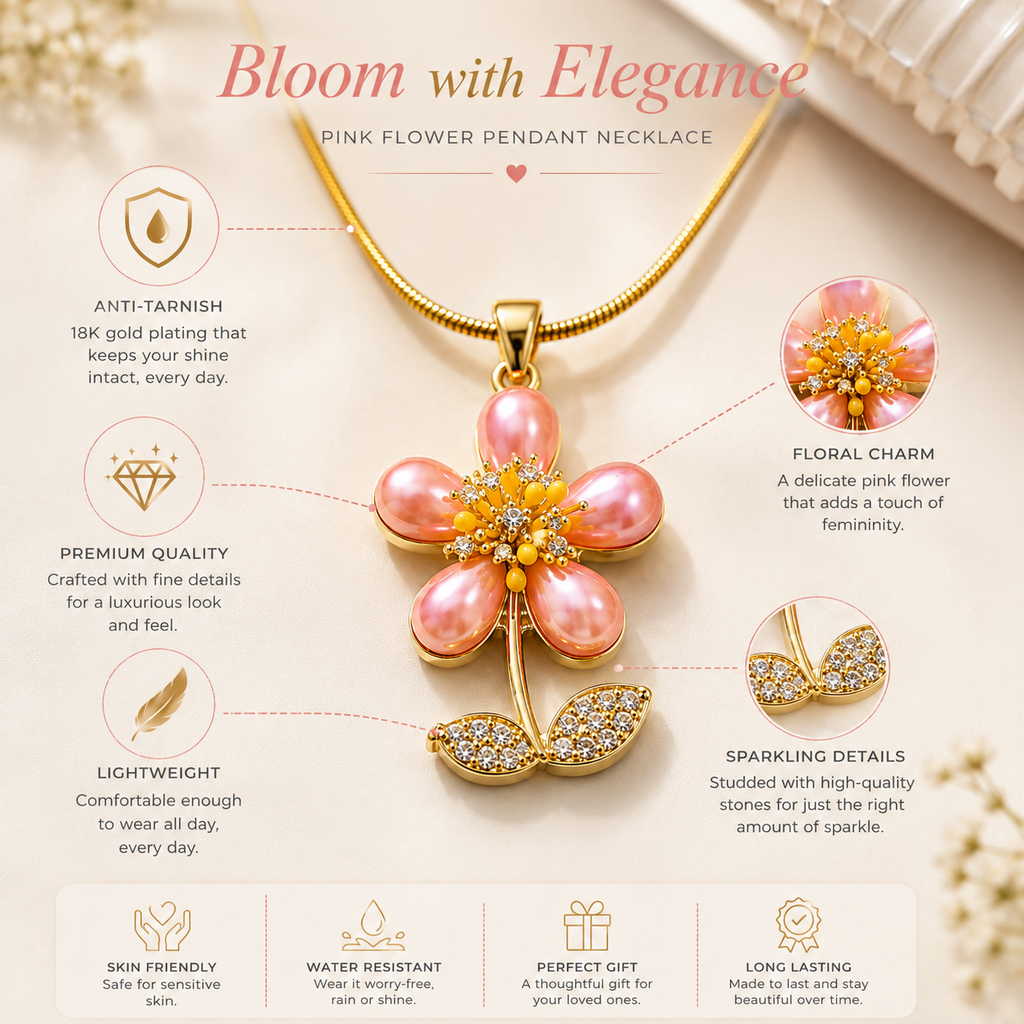Pink Floral Gold Plated Pendant Necklace for Women | Anti-Tarnish Premium Jewellery