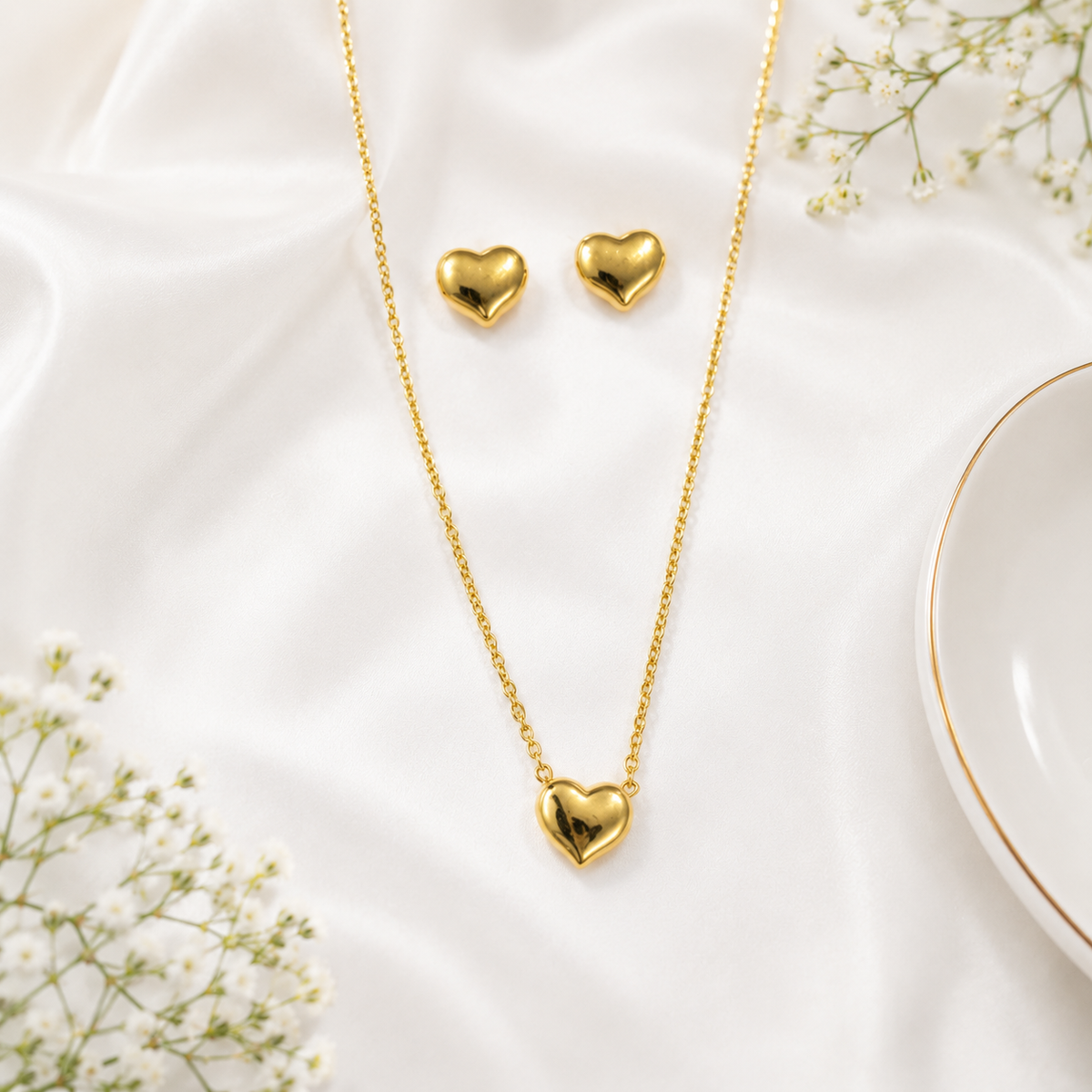 18K Gold Plated Heart Pendant Necklace & Stud Earrings Set for Women | Anti-Tarnish Jewelry