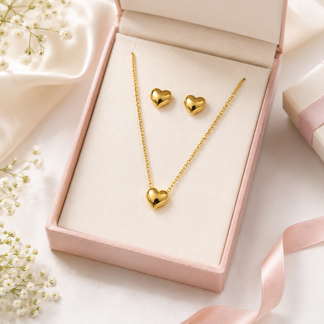 18K Gold Plated Heart Pendant Necklace & Stud Earrings Set for Women | Anti-Tarnish Jewelry
