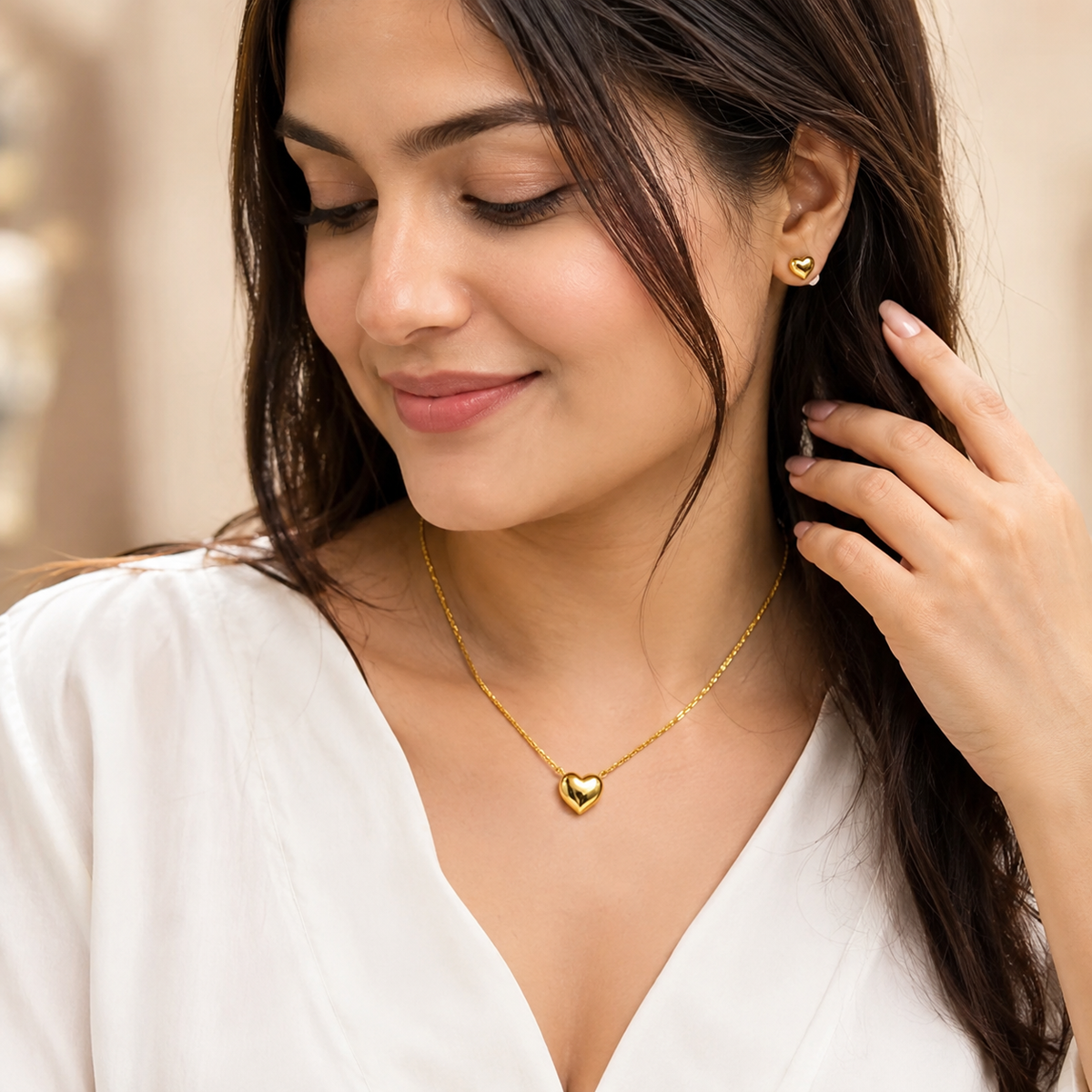 18K Gold Plated Heart Pendant Necklace & Stud Earrings Set for Women | Anti-Tarnish Jewelry