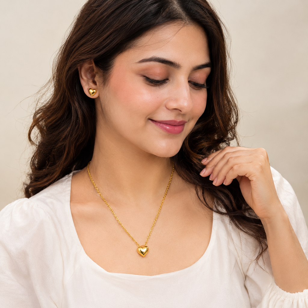 18K Gold Plated Heart Pendant Necklace & Stud Earrings Set for Women | Anti-Tarnish Jewelry