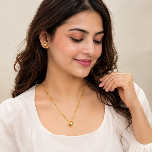 18K Gold Plated Heart Pendant Necklace & Stud Earrings Set for Women | Anti-Tarnish Jewelry