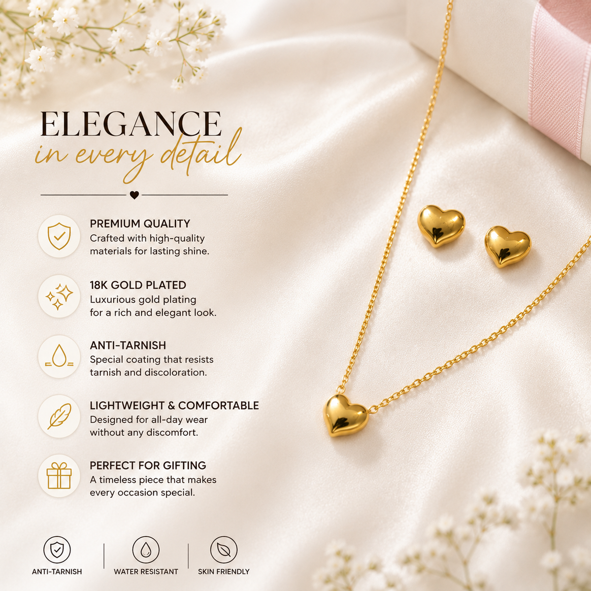18K Gold Plated Heart Pendant Necklace & Stud Earrings Set for Women | Anti-Tarnish Jewelry