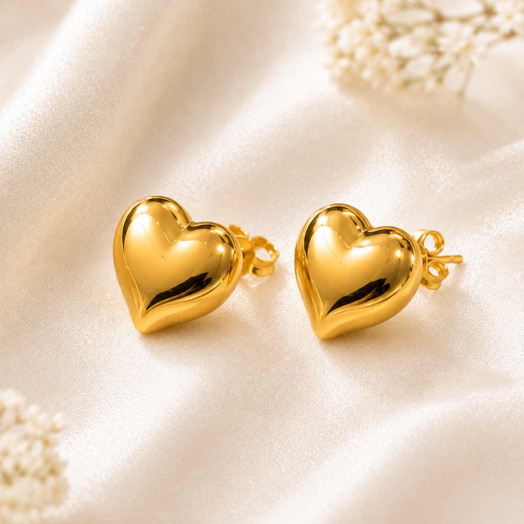 18K Gold Plated Heart Pendant Necklace & Stud Earrings Set for Women | Anti-Tarnish Jewelry
