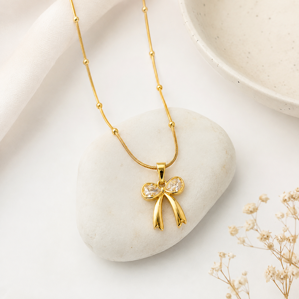 Elegant Bow Crystal Pendant Necklace for Women | Gold Plated Anti-Tarnish Necklace