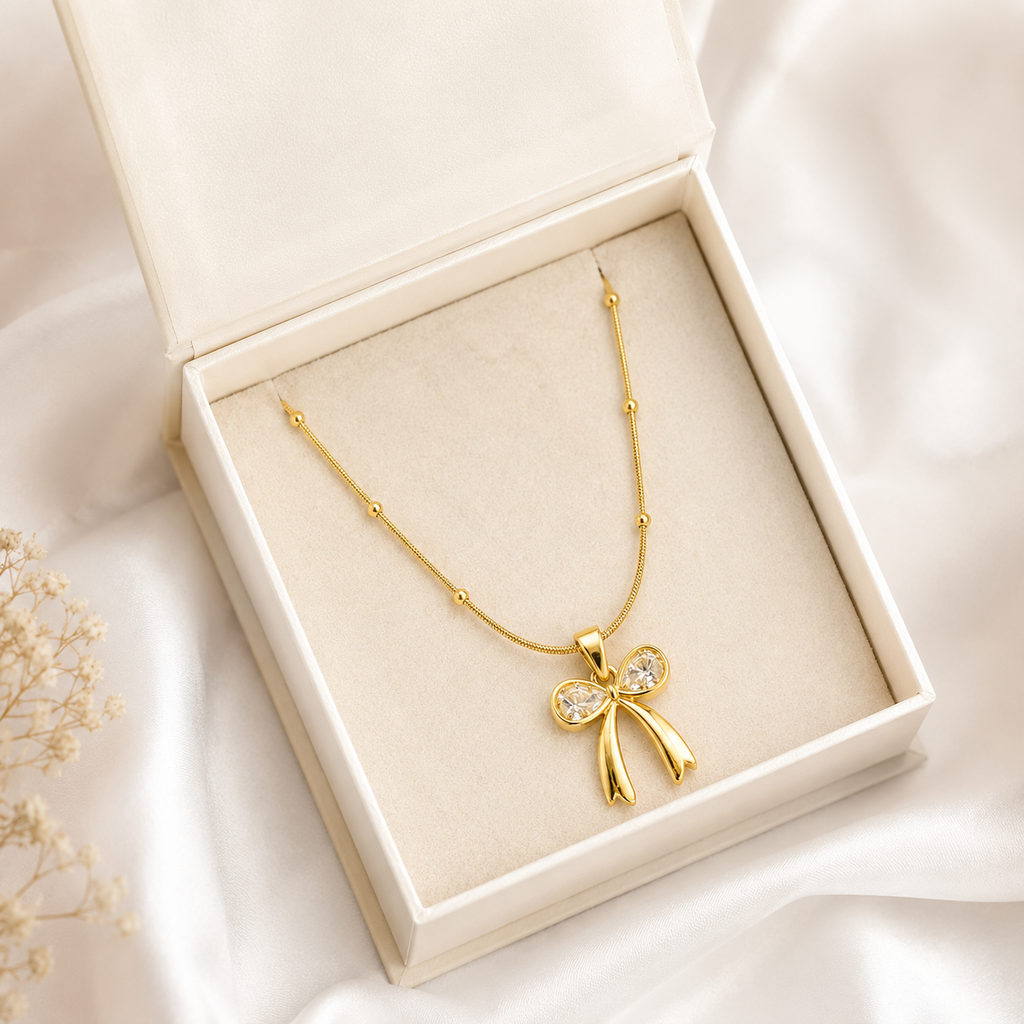 Elegant Bow Crystal Pendant Necklace for Women | Gold Plated Anti-Tarnish Necklace