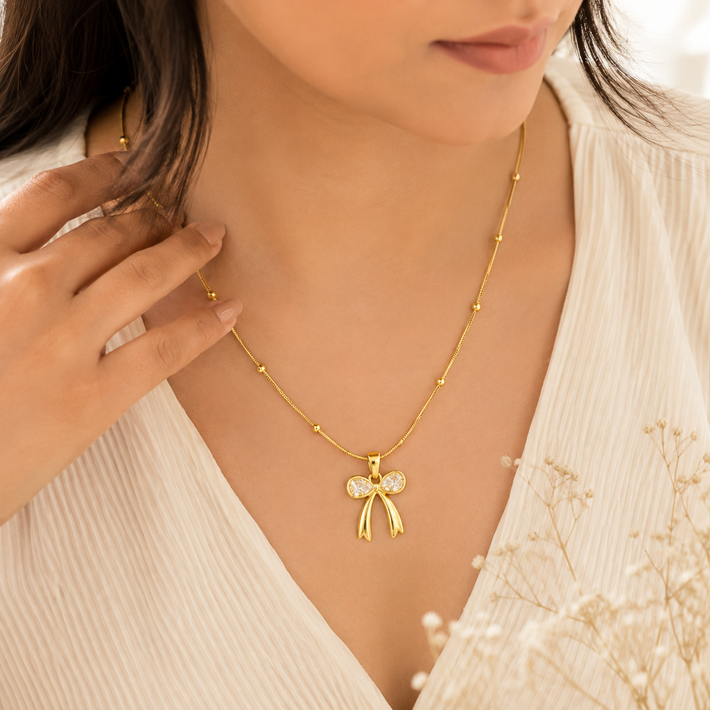 Elegant Bow Crystal Pendant Necklace for Women | Gold Plated Anti-Tarnish Necklace