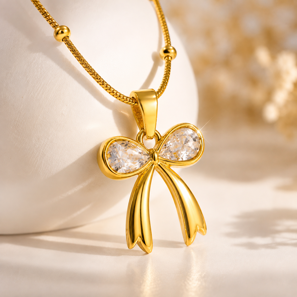 Elegant Bow Crystal Pendant Necklace for Women | Gold Plated Anti-Tarnish Necklace