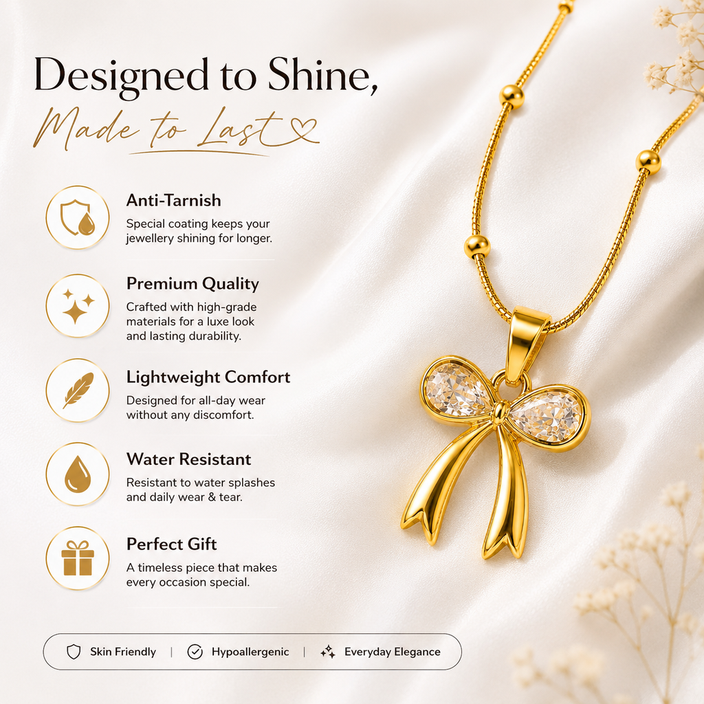 Elegant Bow Crystal Pendant Necklace for Women | Gold Plated Anti-Tarnish Necklace