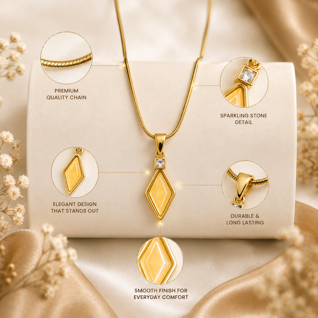 Geometric Gold Plated Pendant Necklace for Women | Anti-Tarnish Everyday Chain | Minimal Diamond Shape Pendant