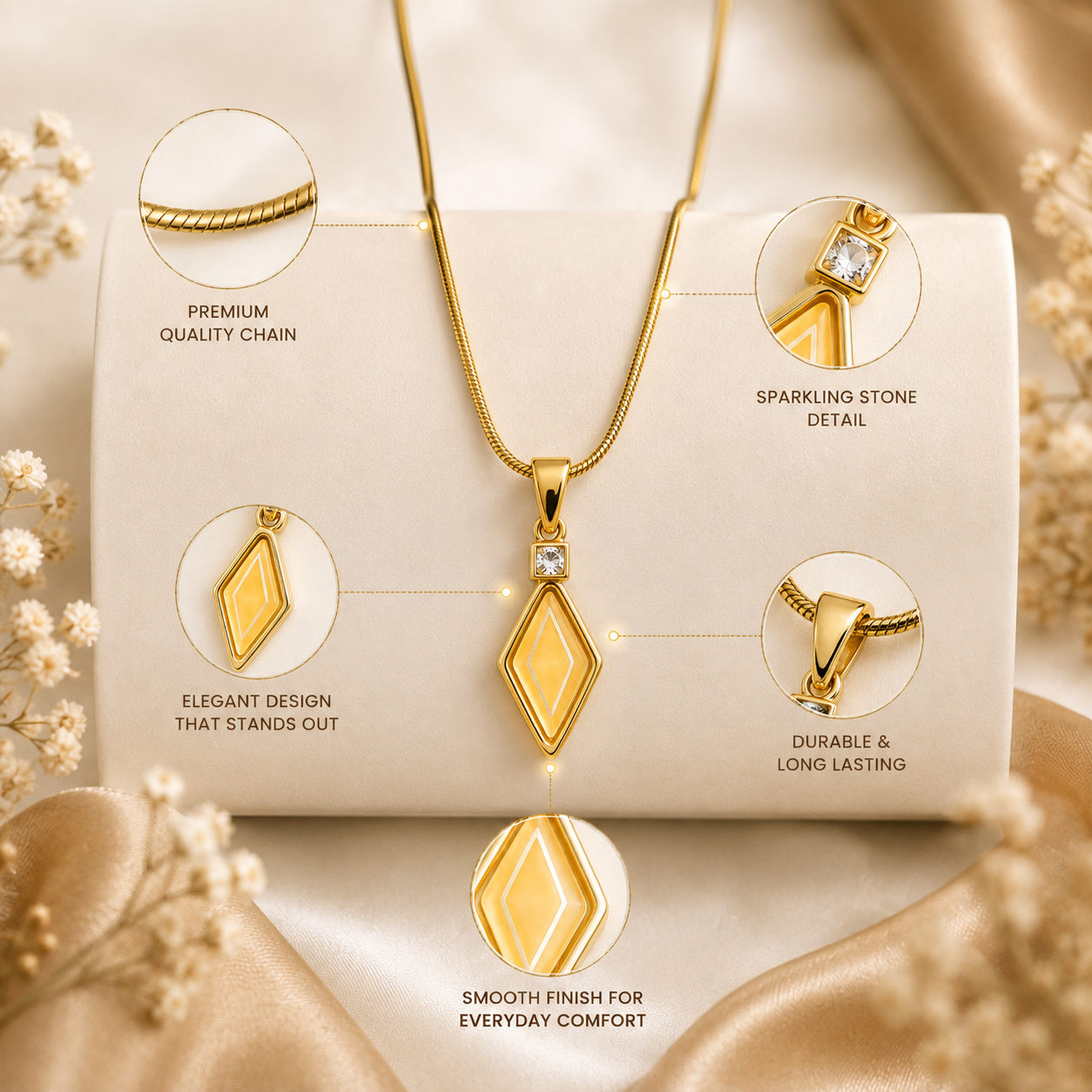 Geometric Gold Plated Pendant Necklace for Women | Anti-Tarnish Everyday Chain | Minimal Diamond Shape Pendant